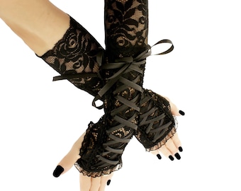 Black Lace Elbow Gloves, Victorian Gothic Corset Arm Warmers, Ribbon Laced Costume Sleeves