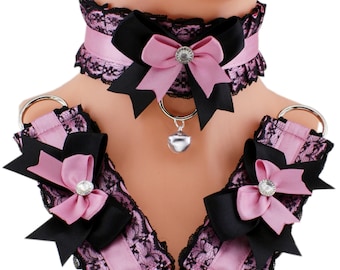 Black and Pink Satin Lace Kemonomimi Set - Reinforced Webbing Kitten Play Collar and Cuffs with Bell - Custom Sizes All Sizes, Handmade Gear