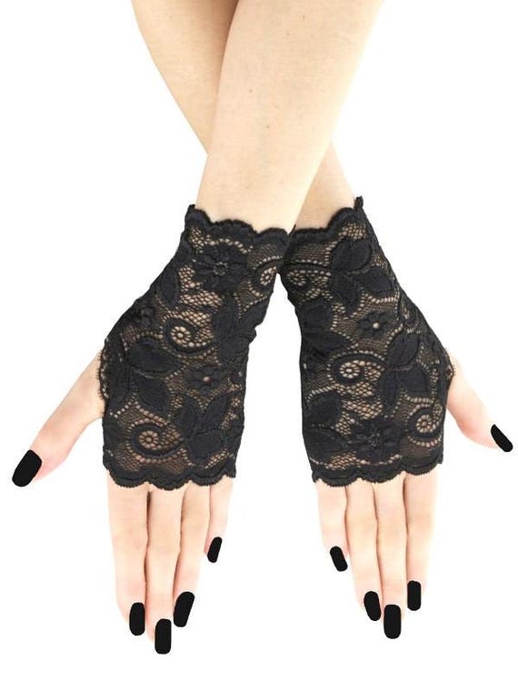 Black Embroidered Floral Lace Fingerless Gloves: Gothic