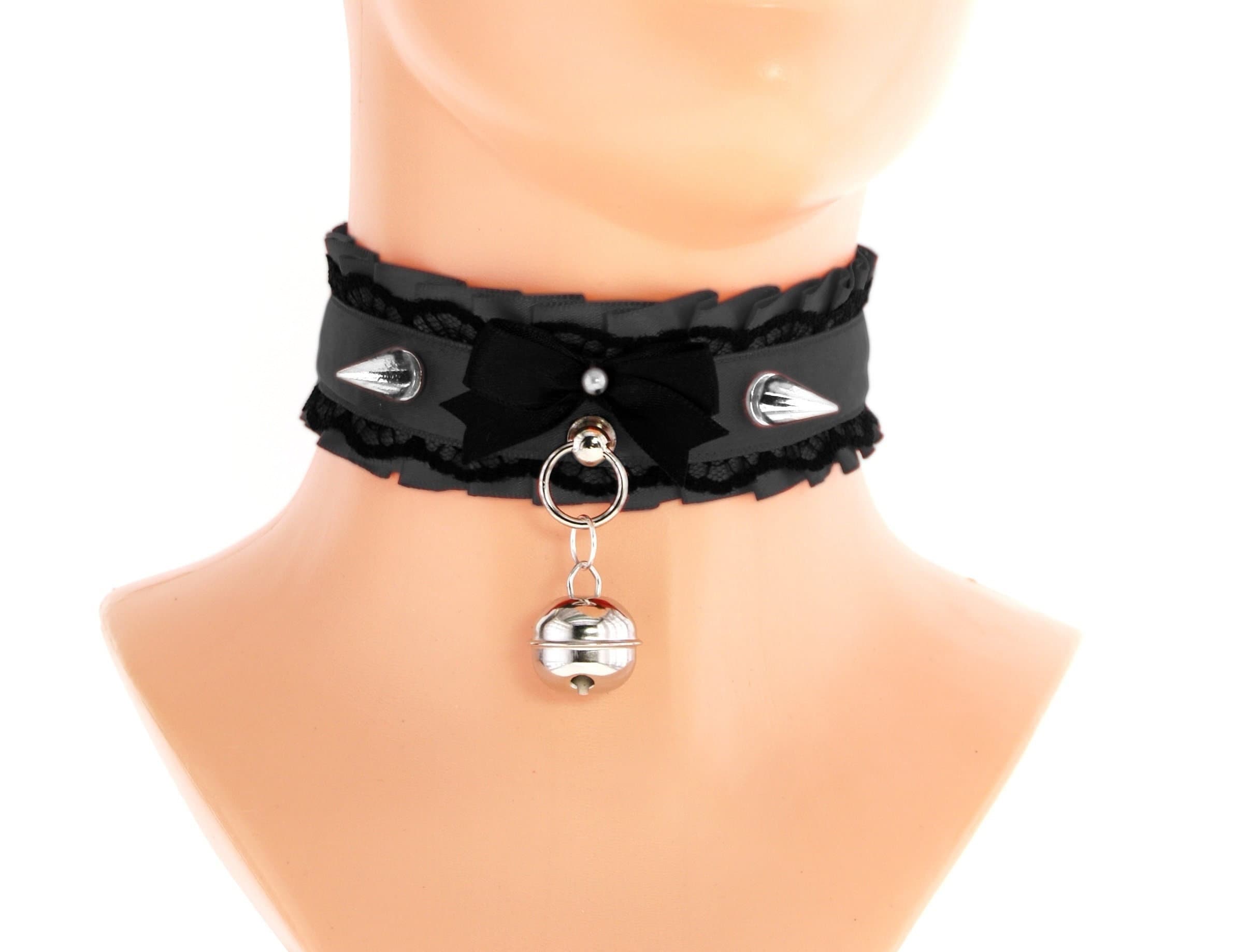 Kitten pet play collar puppy play collar black satin lace gothic spikes choker with lace ring, bow and bell, handmade, I have several colors