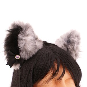 Grijs zwarte kattenoren, satijnen strik katjesoren met kattenhoofdband, oren faux pastel, oren neko cosplay schattig kostuum kawaii kitten speeloren cadeaus