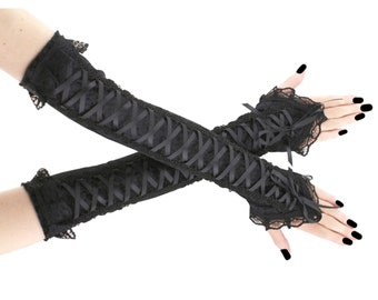 extra long womens gloves over elbow gothic velvet gloves, fingerless gloves arm warmers goth, gloves evening whole black goth lacing corset