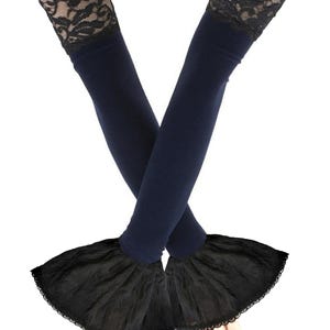 Elegant glamour evening ruffled gloves black lace extra long blue arm warmers gloves festivals fingerless womens costume made to order