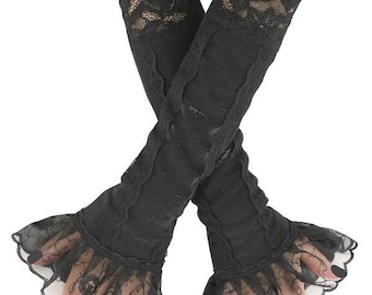 Black Lace and Lurex Fingerless Gloves with Ruffles, Metallic Center Panel Elbow Length Arm Warmers, Gothic Shimmer Costume Sleeves, XS-3XL