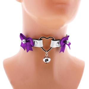 White vegan leather heart choker and bell satin bow collar, kitten petplay vegan leather collar choker puppy play cosplay costume all sizes