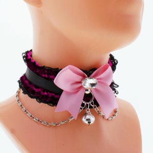 Kätzchen Haustier spielen Kragen, Choker Satin Spitze Kette schwarz rosa Schleife und Glocke kawaii neko petplay Welpen spielen Cosplay handgemachte Geschenk