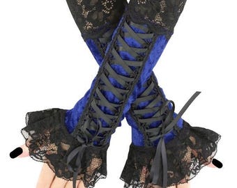 Koningsblauw fluweel zwart kanten korset armwarmers, gotische avondmouwen met ruches voor bal, Victoriaans steampunk-kostuum gelaagdheid accessoire