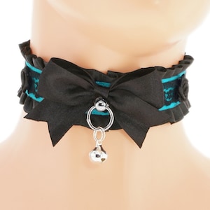 Kitten petplay collar black choker satin lace choker necklace with d ring bow and bell kitten petplay handmade i have several colors