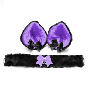 Fluffy Ears Clip Soft Collar Choker Gear Pet Play Cosplay Adult Black Purple Kitten Pet play Artificial Fur Ears Animal Costume Handmade