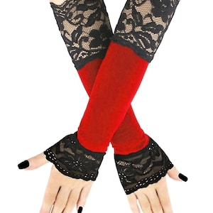 Black red womens gloves striped evening fingerless long warmers costume glamour elbow length elastic lace elegant romantic clothing