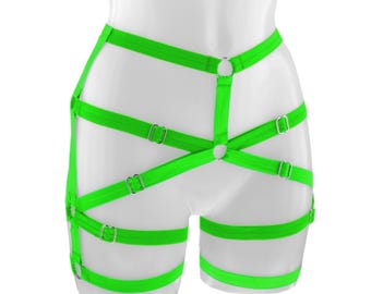 Neon Green Cage Garter Belt: UV Reactive Festival Harness