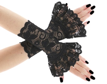 Black lace womens gloves, gothic lace gloves, victorian fingerless ruffled gloves, womens romantic formal gloves, goth costume gloves