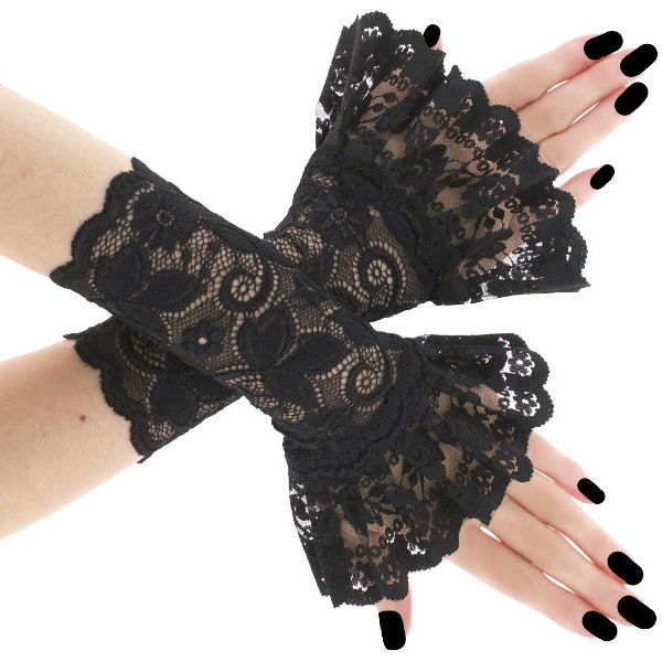 Black lace womens gloves, gothic lace gloves, victorian fingerless ruffled gloves, womens romantic formal gloves, goth costume gloves