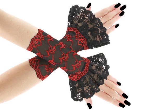 Ruffled Wrist Cuff Gothic Black Lace Gloves Fingerless 