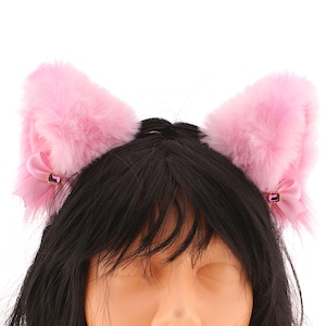 All Pink Faux Fur Cat Ears Satin Bow Headband Kawaii Neko Cosplay Costume