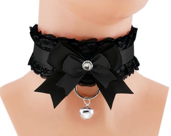 Black Kitten Pet Play Collar Gear Choker Necklace Lace Ruffles Bow Bell Daddys Girl Kawaii pastel Gothic Cute Cosplay Costume