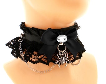 Gothic Black Choker, Spider Ring Collar, Goth Chain Collar, Lace Frill Necklace, Victorian Gothic Collar, Bow Drahome Collar, Made To Size