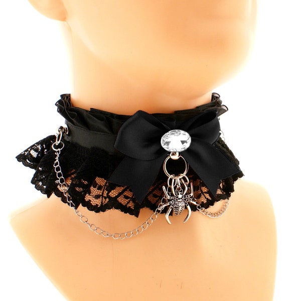 Gothic Black Choker, Spider Ring Collar, Goth Chain Collar, Lace Frill Necklace, Victorian Gothic Collar, Bow Drahome Collar, Made To Size