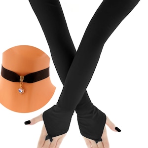 May include: A black choker necklace with a gold-colored pendant and a blue gem, paired with black fingerless gloves. The gloves extend up the arm and have a thumb hole. The text "2 PC SET" is at the top.