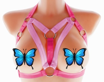 Fashion body women harness pink neon uv glowing open top elastic strappy lingerie chest top stretch ribbon cage ring fashion pastel