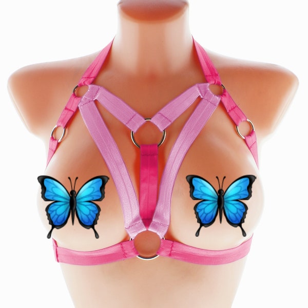 Fashion body women harness pink neon uv glowing open top elastic strappy lingerie chest top stretch ribbon cage ring fashion pastel