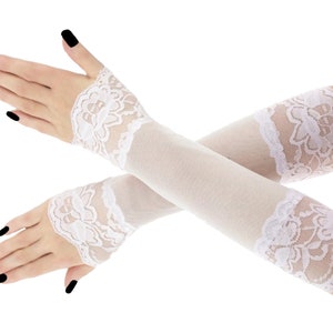 white tulle womens gloves striped evening fingerless long warmers costume glamour elbow length elastic lace elegant romantic clothing