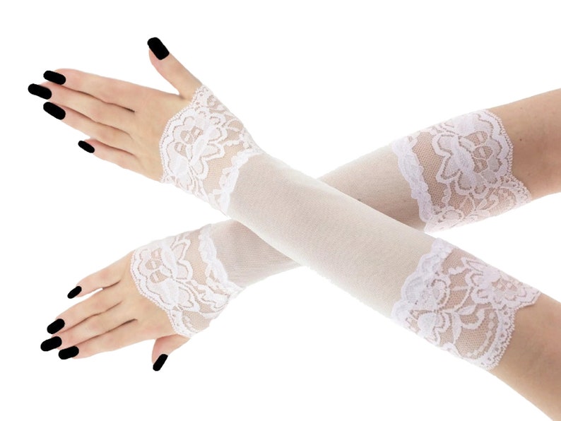 white tulle womens gloves striped evening fingerless long warmers costume glamour elbow length elastic lace elegant romantic clothing