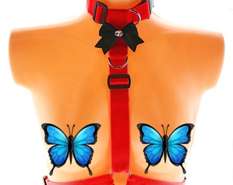Red Nylon Pet Play Harness with Detachable Bow Collar, Adjustable Cosplay Accessory