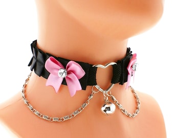 Black satin choker necklace chain heart metal bell pink bow kawaii neko girls kitten pet play i have several colors and sizes 11