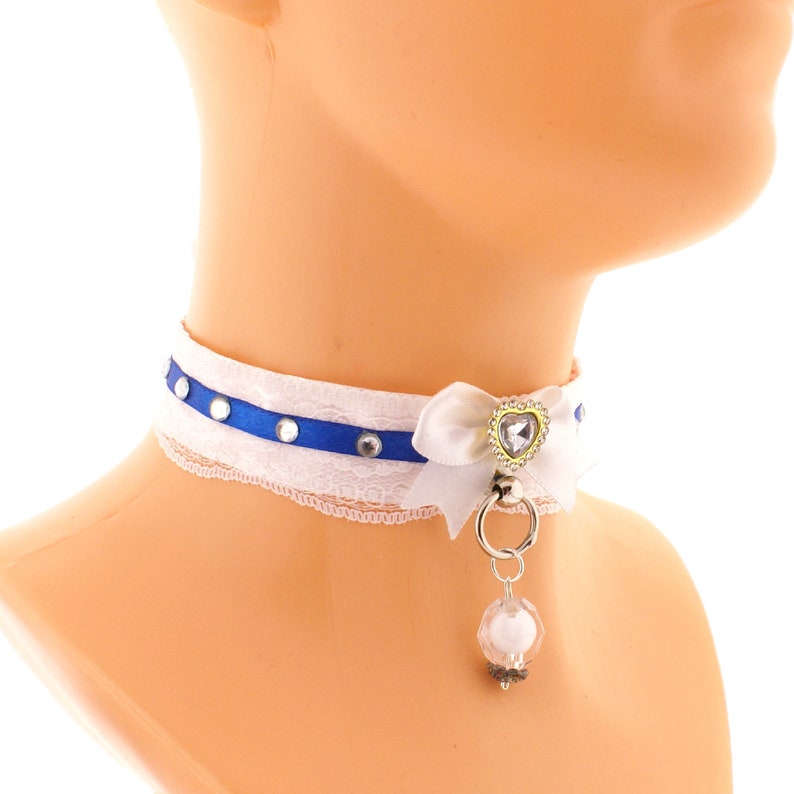 Kawaii blue white collar choker satin bow with gem o ring heart pendant neko princess jewel with glass stones handmade made to order zdjęcie 5
