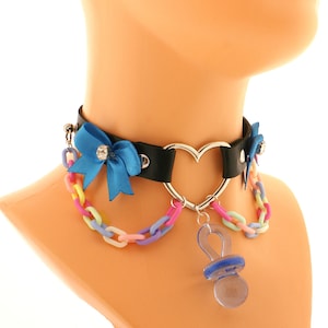 Vegan Leather Collar, Pastel Kawaii Emo Goth Choker, Necklace Collar cat kitten, Neko Heart Coker Plastic Chain O Ring Pendant Star Pacifier
