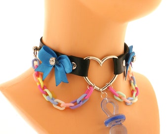 Vegan Leather Collar, Pastel Kawaii Emo Goth Choker, Necklace Collar cat kitten, Neko Heart Coker Plastic Chain O Ring Pendant Star Pacifier