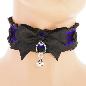 Kitten petplay collar black choker satin lace choker necklace with d ring bow and bell kitten petplay handmade i have several colors