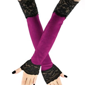 Velvet sleeves gloves with lace women extra long over elbow fingerless womens gothic goth arm warmers evening opera handmade all sizes