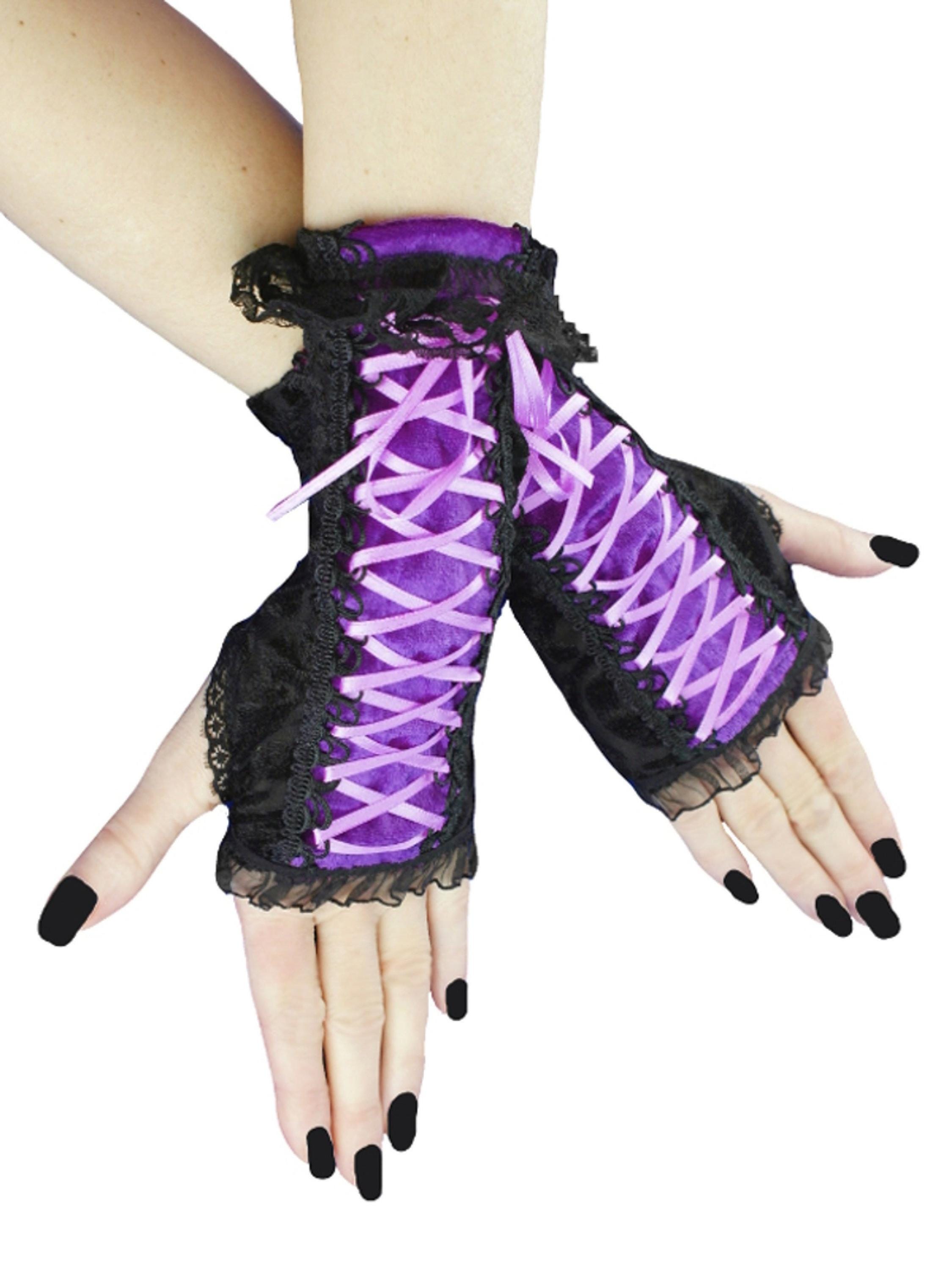 Black Purple Fingerless Goth Mittens Thumb Holes Formal Gothic