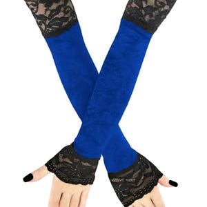 Black lace blue velvet women gloves extra long over elbow fingerless sleeves womens gothic goth arm warmers formal evening opera handmade