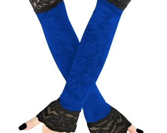 Blue Velvet Fingerless Opera Gloves with Black Lace Trim, Extra Long 20" Arm Warmers, Elegant Formal Sleeves, Made to Order Gothic Accessory