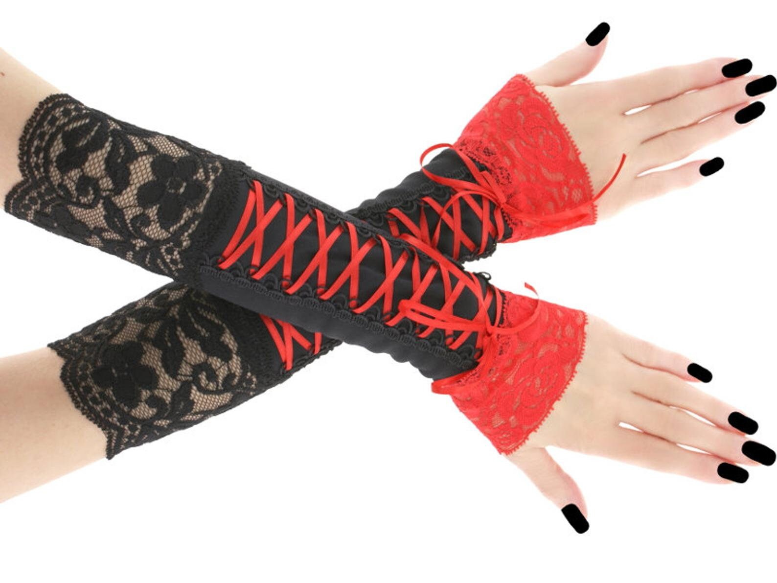 dark red fingerless gloves