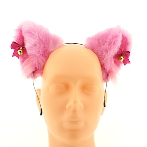 Pink Cat Ears Headband: Faux Fur, Satin Bow & Bell - Neko Cosplay