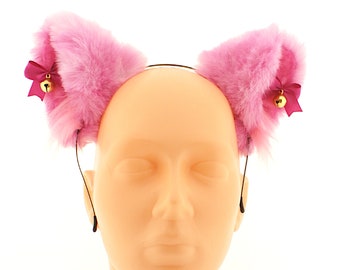 Pink Cat Ears Headband Faux Fur with Satin Bow and Bell, Kawaii Kitten Play Gear for Cosplay, Pink Animal Ears Hair Accessory, Gift for Her