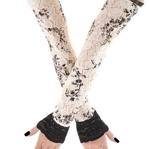 extra long over elbow fingerless gloves, black beige lace gloves, evening opera womens gloves costume formal lace arm sleeves all sizes