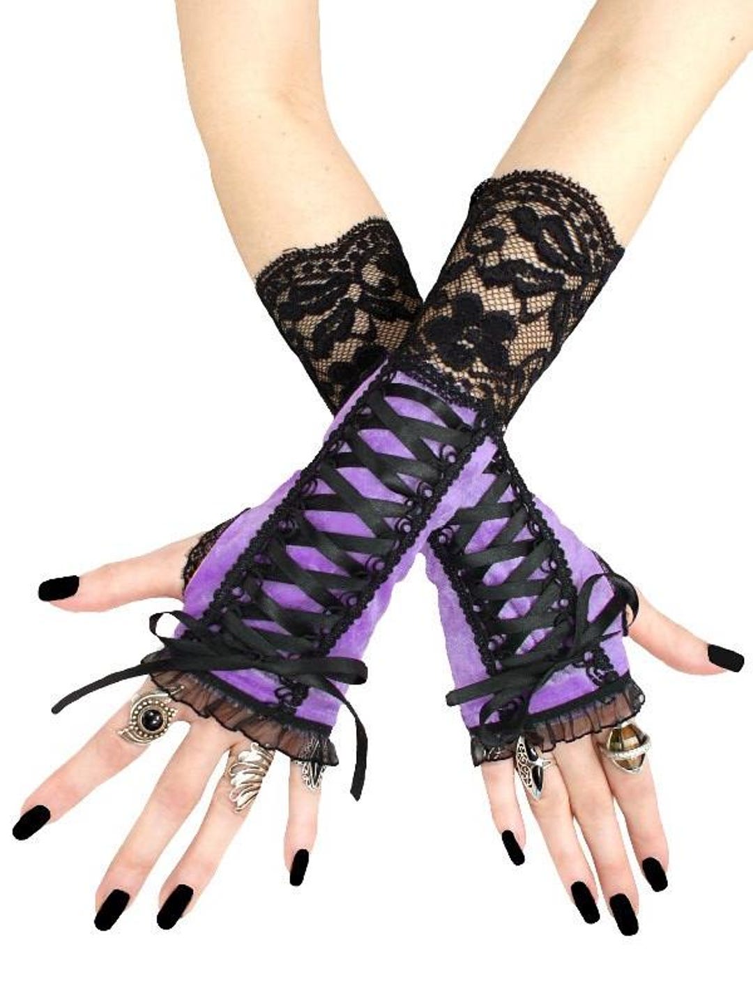 Purple Velvet Fingerless Gloves Corset Laced Gothic Arm Warmers