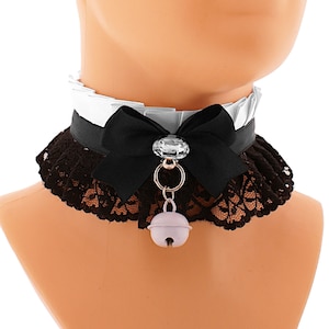 Lace Ruffle Kitten Play Collar: Satin Bow Bell Choker