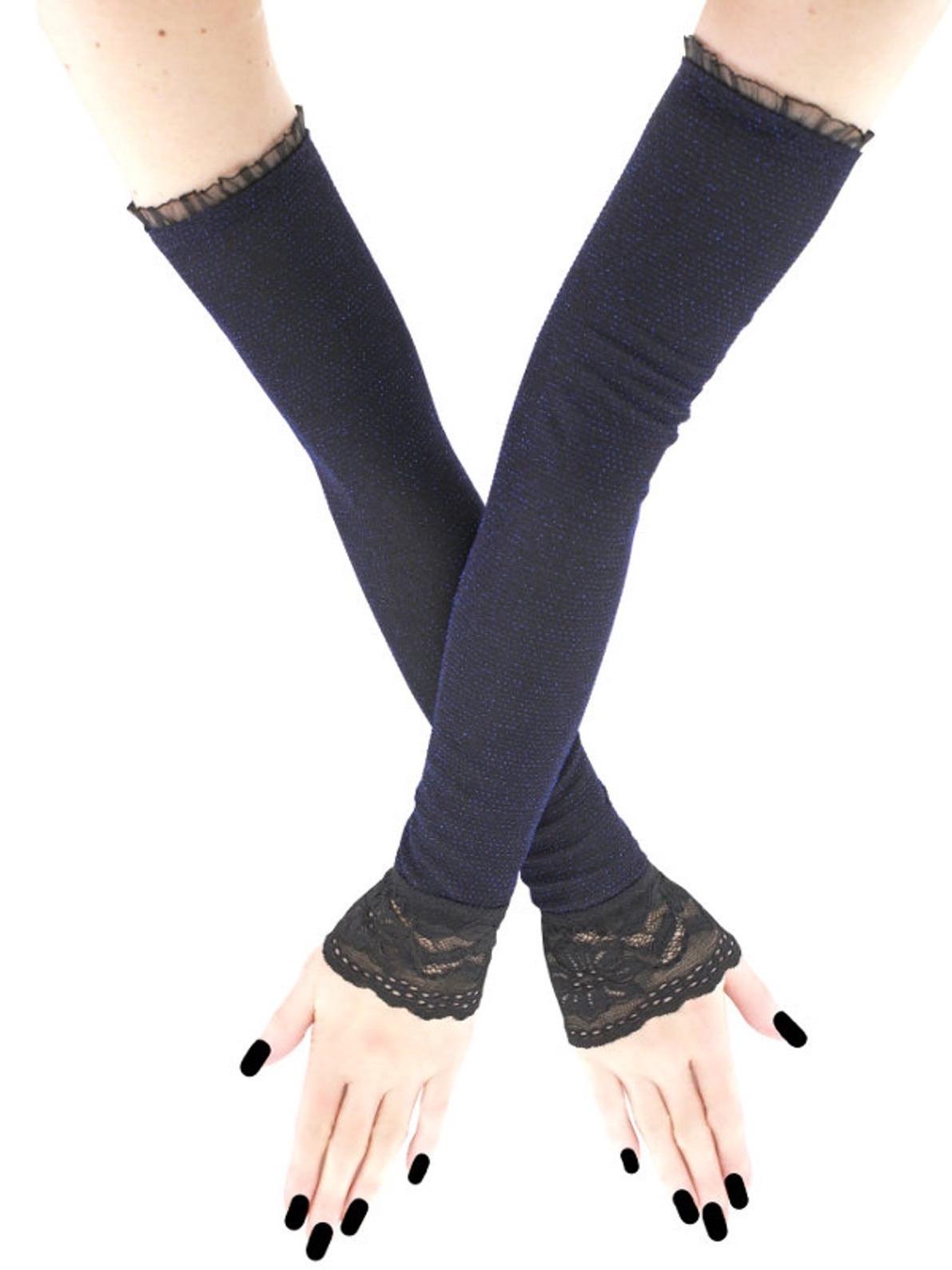 Extra Long Lurex Fingerless Opera Gloves Blue Black Evening Arm
