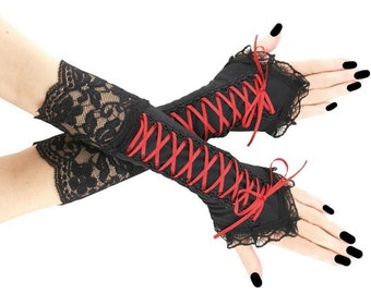 gothic womens fingerless gloves black red evening long arm warmers, gloves costume goth elbow length lacing corset