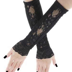 Women gloves whole black fingerless with lace evening warmers gothic bridal wedding goth womens costume elbow length handmade all sizes