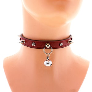 Red vegan leather o ring choker spiked and bell collar, leather spiked collar, vegan spiked choker, leather punk pastel goth collars