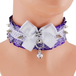 Kitten pet play collar purple satin lace choker spikes necklace with white lace ring bow and bell handmade, I have several colors and sizes