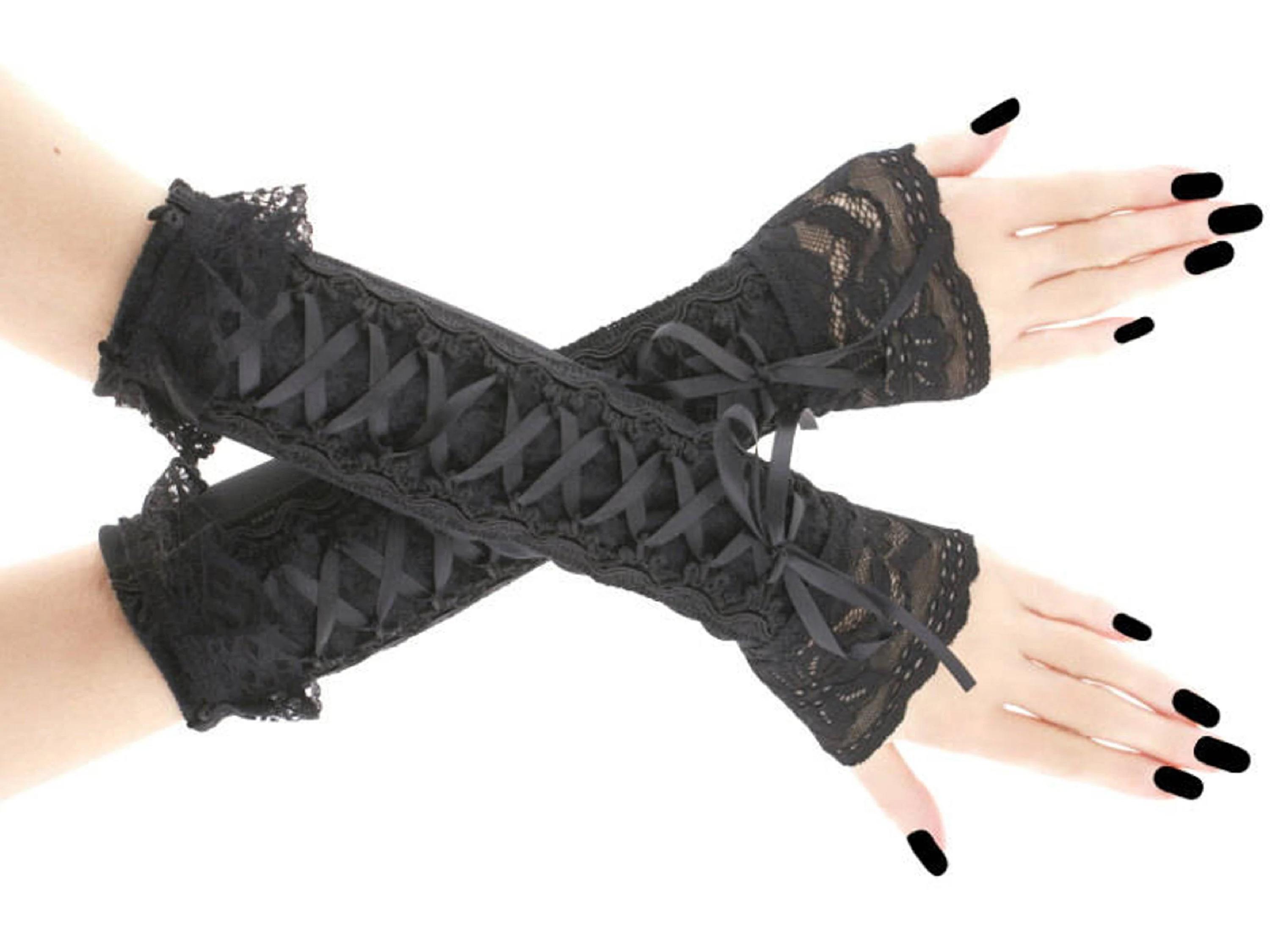 Black and Red Velvet Fingerless Gloves With Trim Lace, Gothic