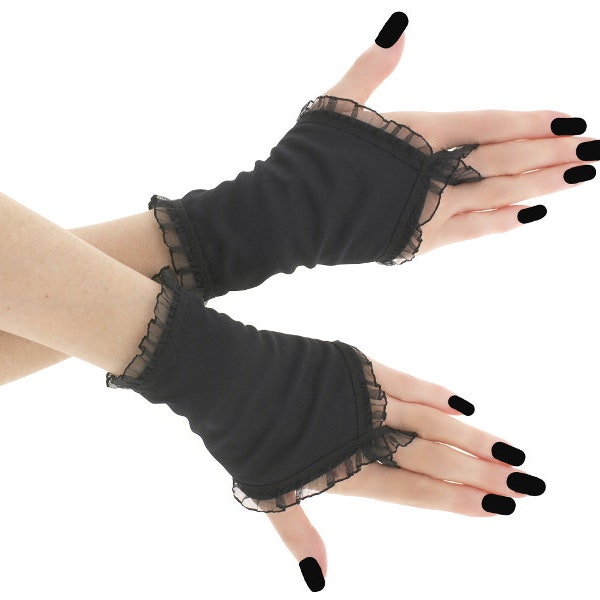 black womens gloves short fingerless wrist warmers goth gothic evening formal elegant romantic costume handmade more sizes and colors